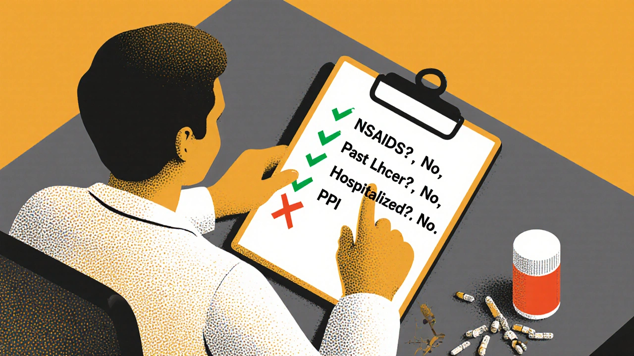 A doctor and patient reviewing a checklist that shows no need for a PPI pill, with H. pylori subtly present.