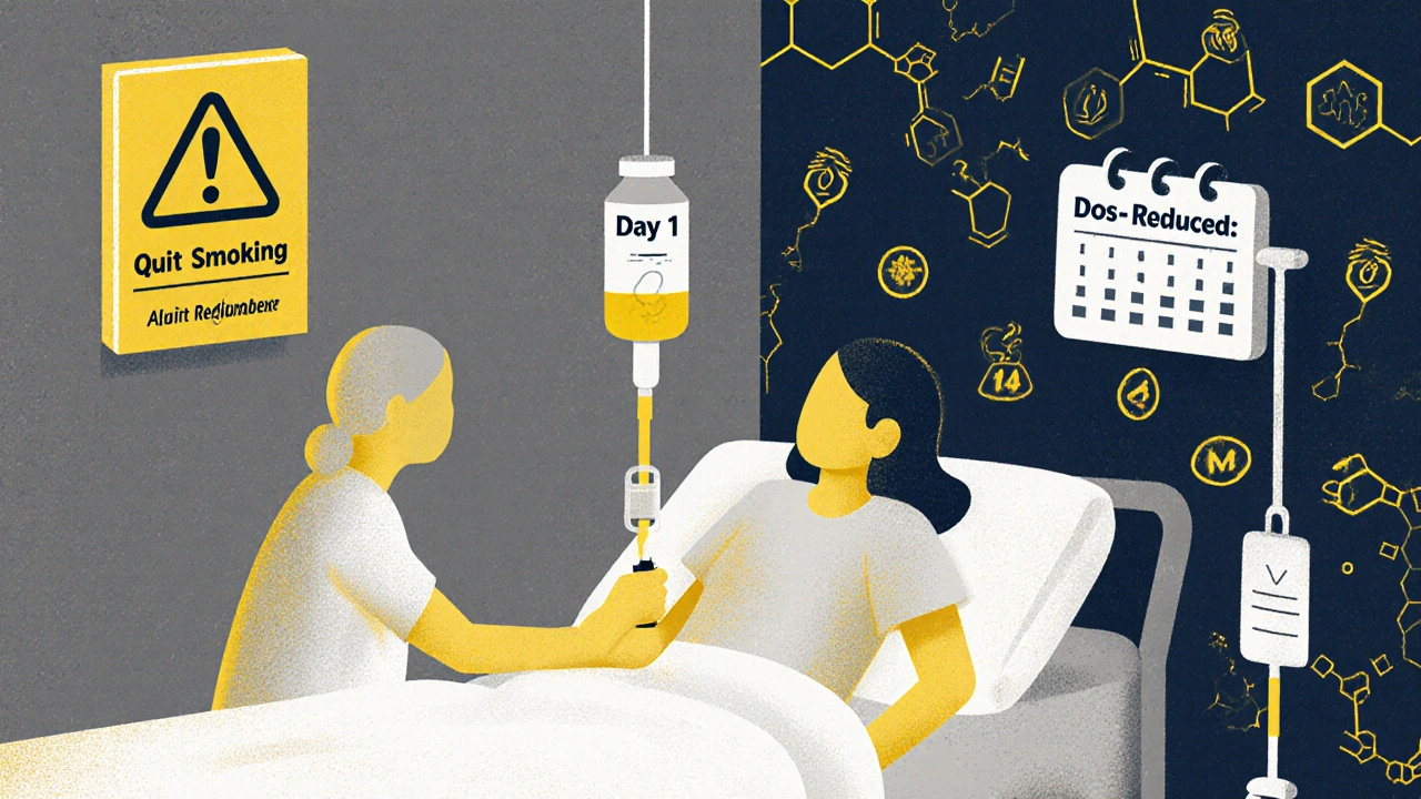 A patient in hospital receives a reduced clozapine dose after quitting smoking, with enzyme diagrams glowing in the background.