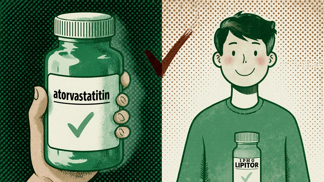 A person comparing brand and generic drug names side by side, with a checkmark showing they are equivalent.