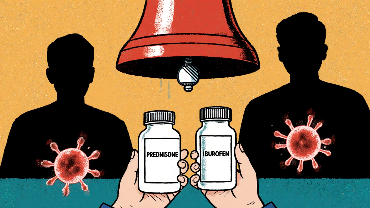 A person holding prednisone and ibuprofen pills as a red alarm bell rings above, with medical risks looming.