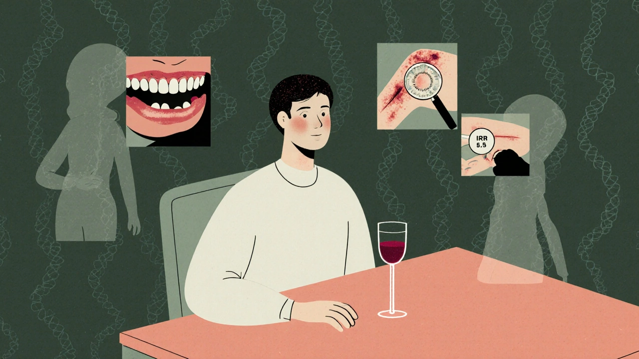 A person with a single wine glass, surrounded by ghostly signs of internal bleeding and a high INR reading.