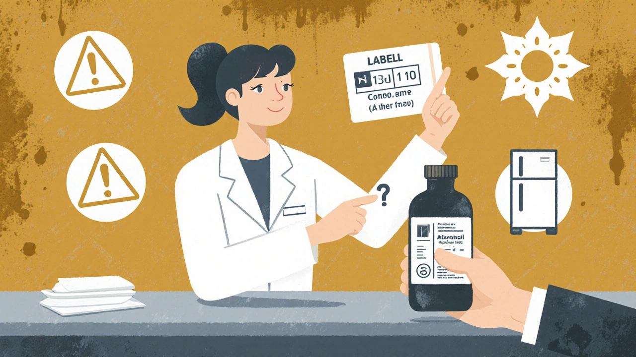A pharmacist explains label details to a patient at the pharmacy counter, with warning symbols floating nearby.