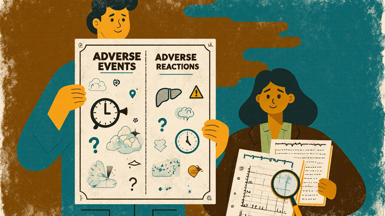 A pharmacist holding a drug label comparing adverse events (question marks) to adverse reactions (warning icons).