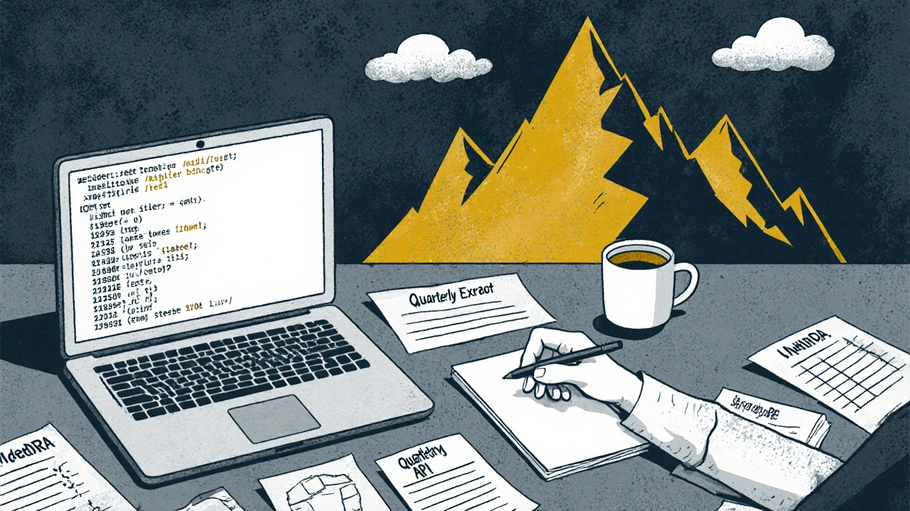 A researcher analyzing raw FAERS data on a desk with MedDRA codes and quarterly reports scattered around.