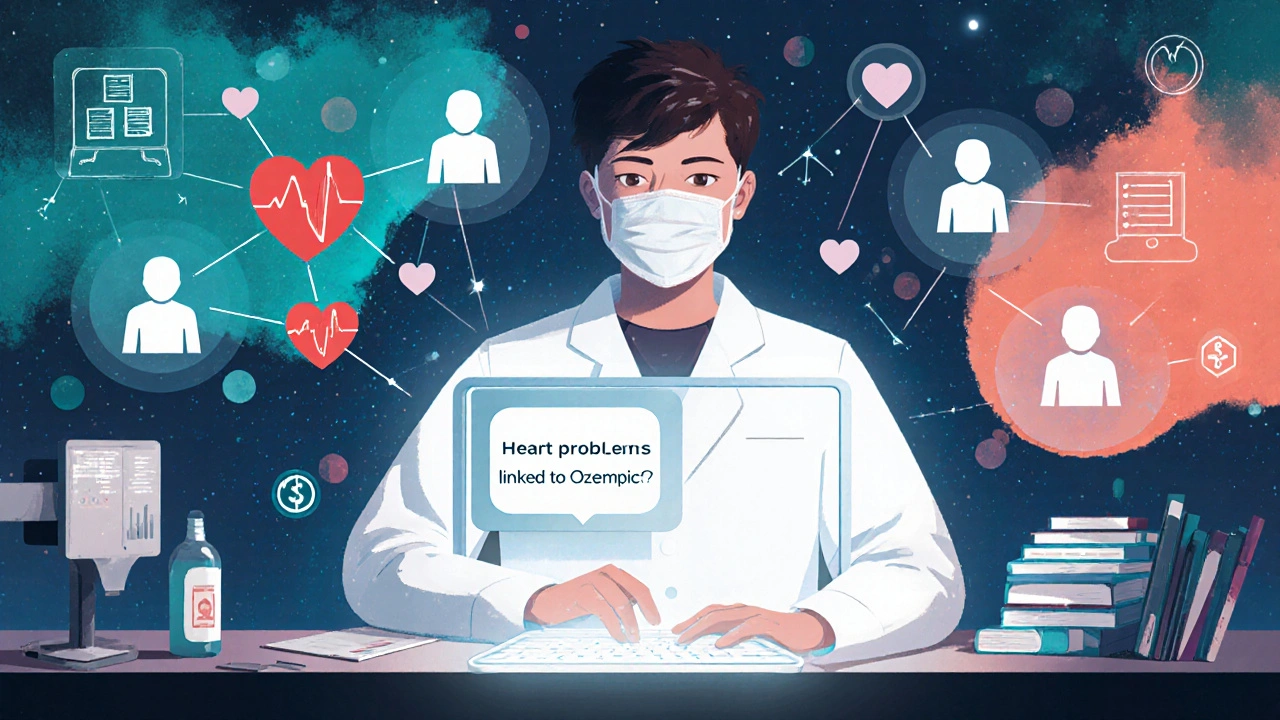 A scientist querying drug safety data with natural language, surrounded by connected patient and health data visuals.