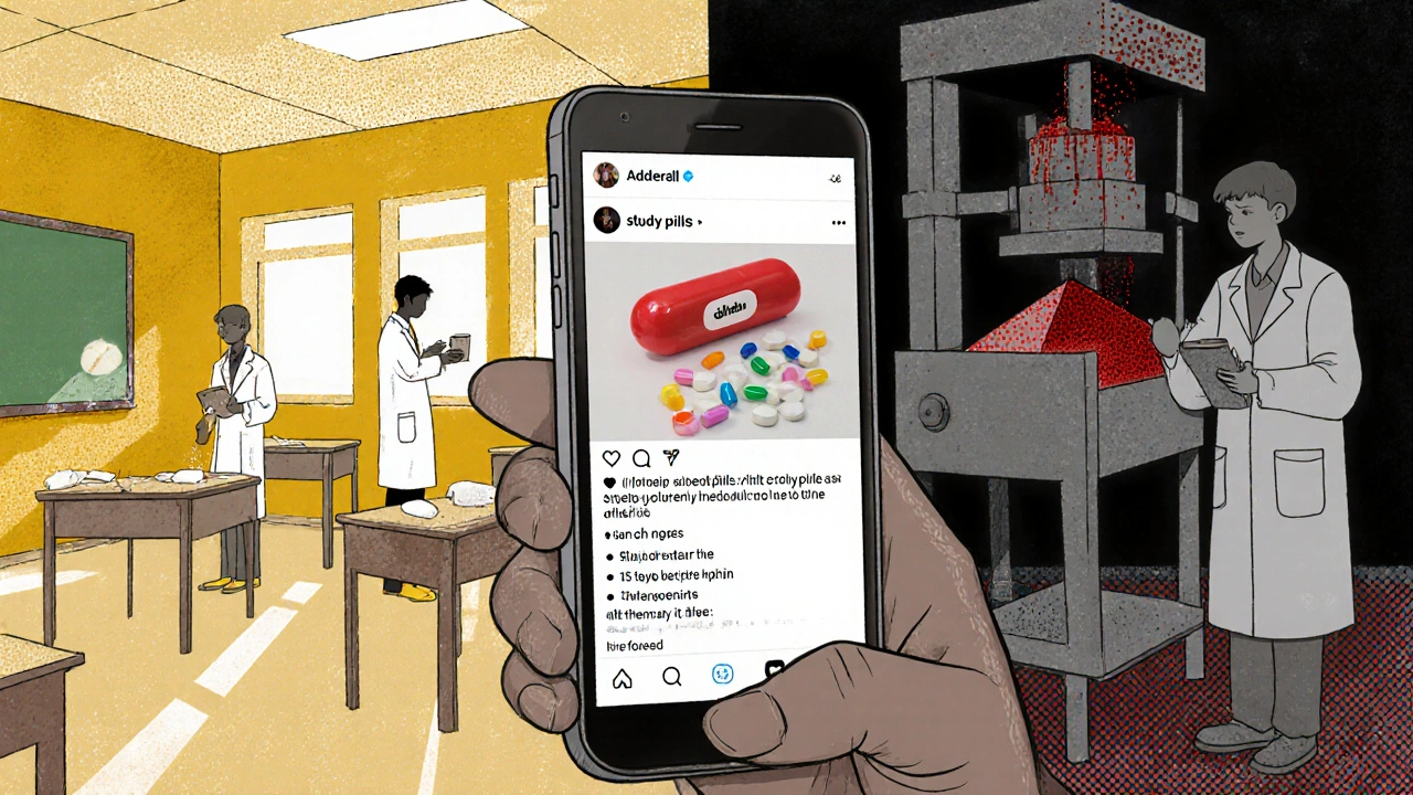 A teen views a fake &#039;study pill&#039; ad on their phone, while shadowy figures press dangerous pills in a dark lab.