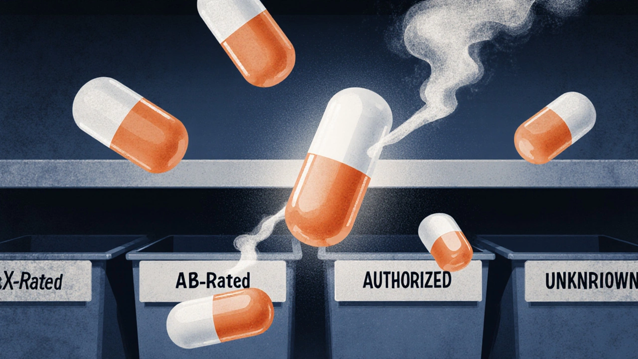 Central authorized generic pill surrounded by dissolving generic versions, with labeled pharmacy bins in background.
