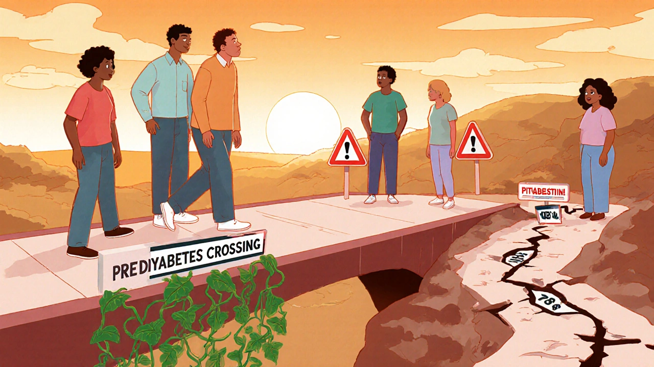 Diverse patients on a bridge labeled &#039;Prediabetes Crossing,&#039; one stepping safely onto a path marked &#039;Pitavastatin&#039; with green vines.