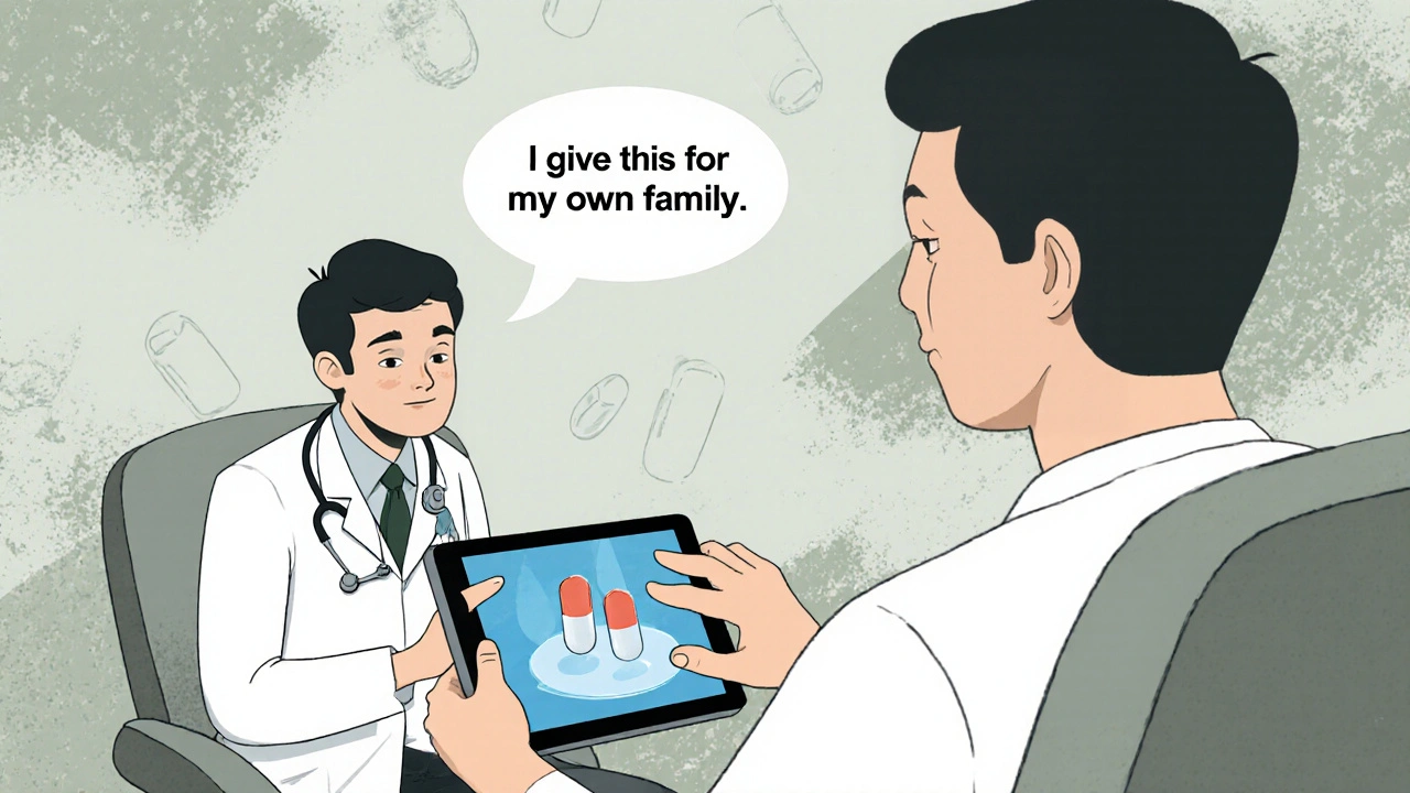 Doctor explains bioequivalence to a patient using a tablet displaying dissolving pills.
