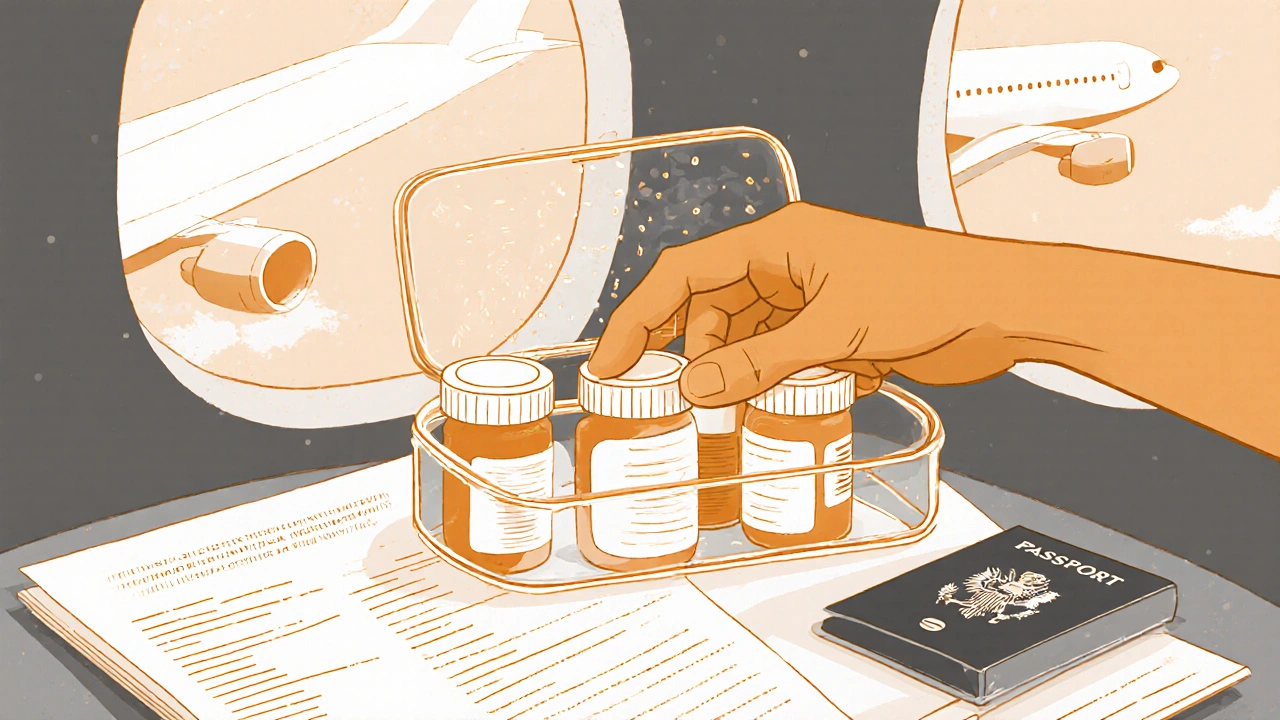 Hand packing prescription bottles into a waterproof case with doctor’s letter and passport