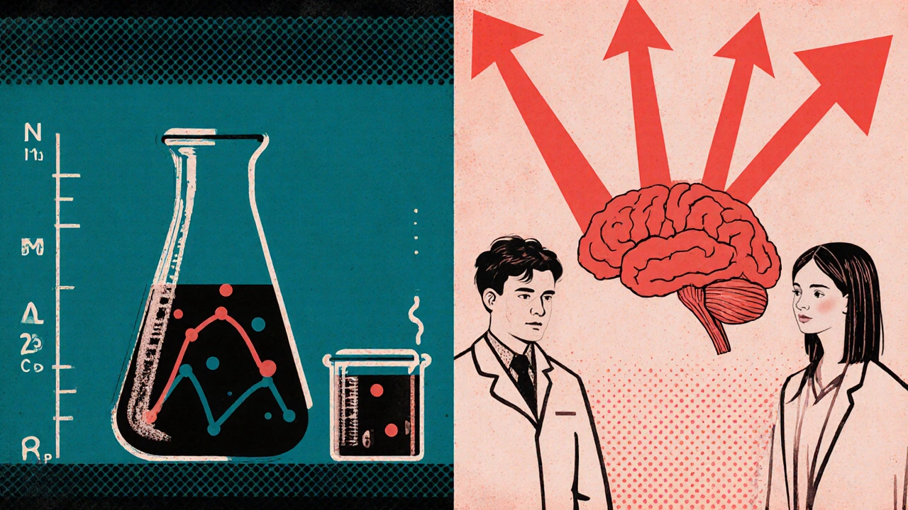 Lab scene showing metronidazole and alcohol with serotonin rising in a brain diagram, flat acetaldehyde line.