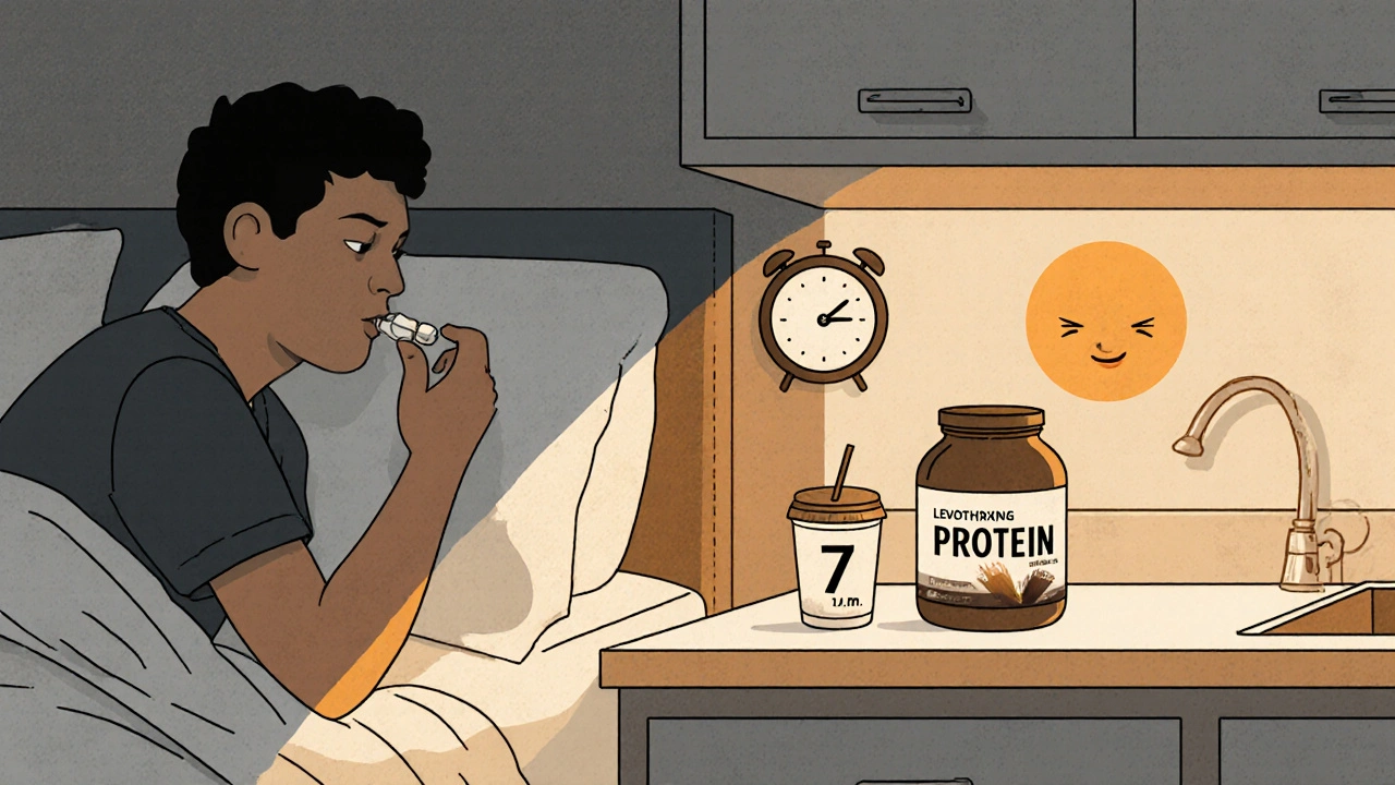 Nighttime thyroid pill taken with protein shake ready for next morning