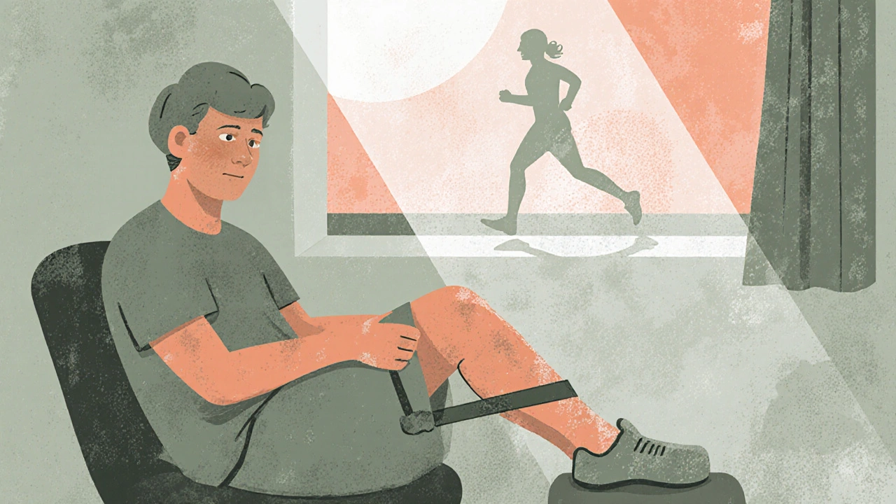 Patient doing seated leg lifts in physical therapy, sunlight streaming in, shadow of their former active self in background.