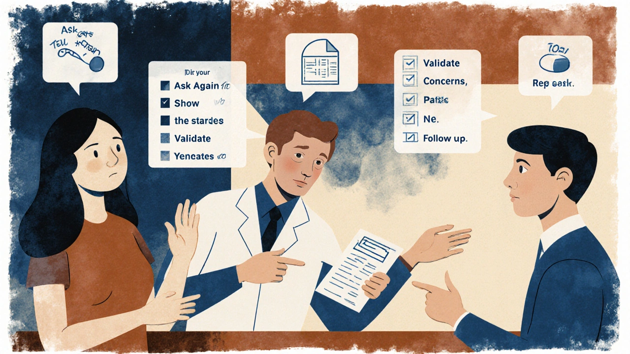 Pharmacist and doctor team up to reassure a patient about generic medication with visual cues.