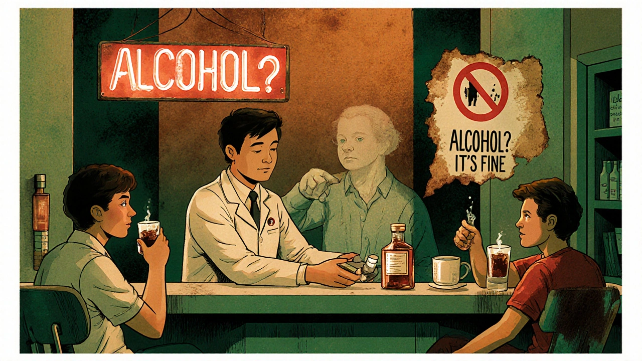 Pharmacist gives metronidazole as a ghostly doctor points at a fading &#039;no alcohol&#039; sign.
