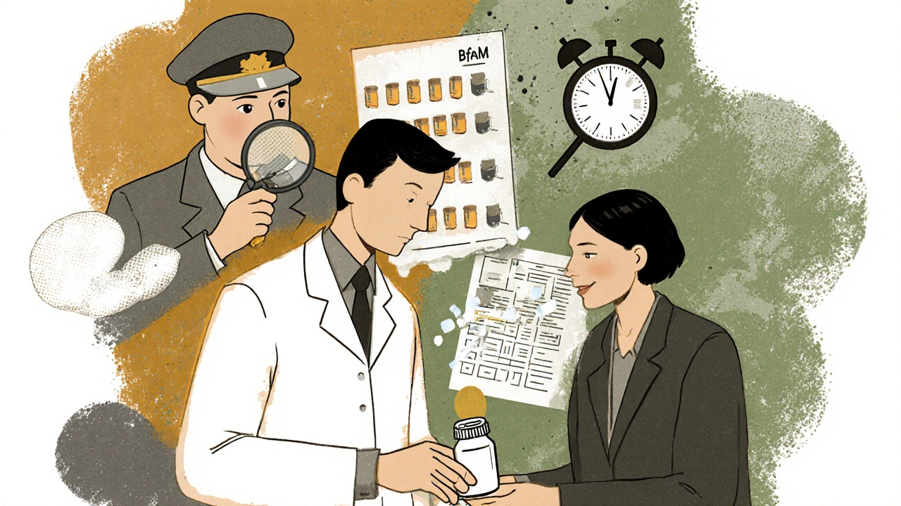 Pharmacist giving generic pill to patient while hidden national regulatory demands appear as translucent overlays behind them.