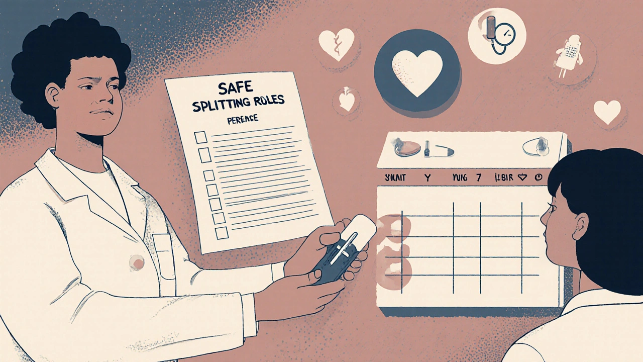 Pharmacist giving pill splitter and checklist to patient, with medical icons floating above.