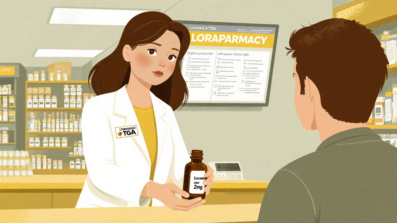 Pharmacist handing a labeled lorazepam bottle to a patient in a licensed Australian pharmacy.