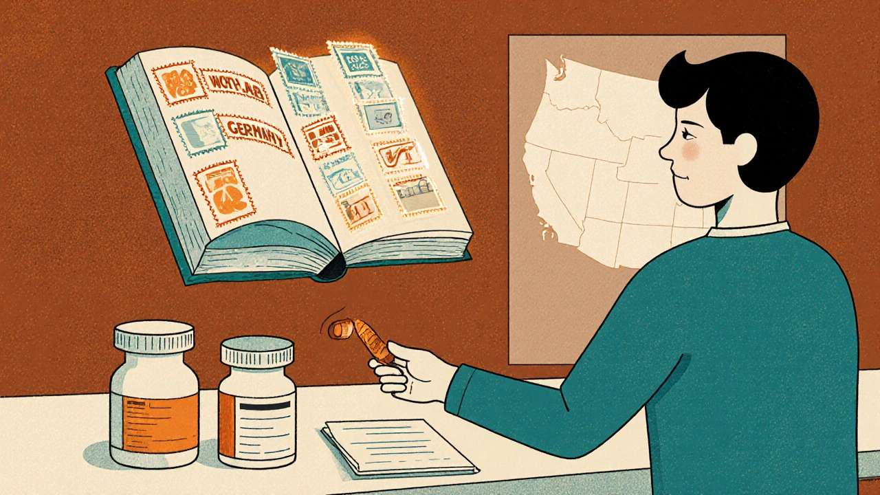 Pharmacist handing out pills with two different country labels and Orange Book ratings floating nearby.