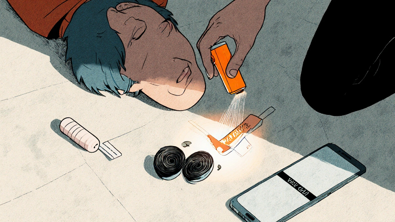 Someone administers naloxone to an unconscious person, a cracked pill reveals a dark core, phone light illuminates the scene.