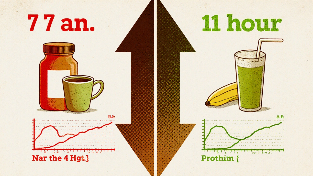 Split-day timeline showing 4-hour gap between thyroid medication and protein shake