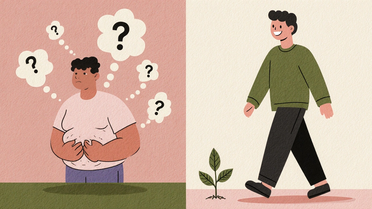 Split illustration of someone experiencing bloating versus walking after a meal for relief.