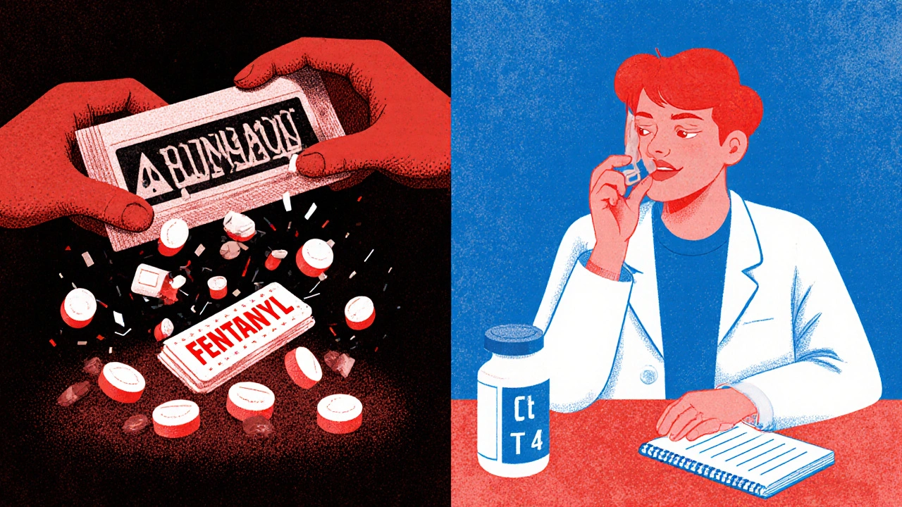 Split scene: dangerous fake pills vs. safe treatment with doctor and therapy tools.