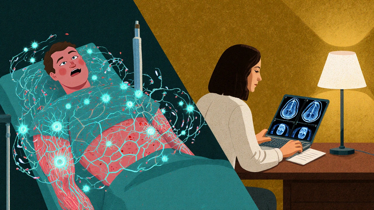 Split scene: patient receiving IVIG infusion with immune cells swirling, doctor reviewing test results under lamp light.