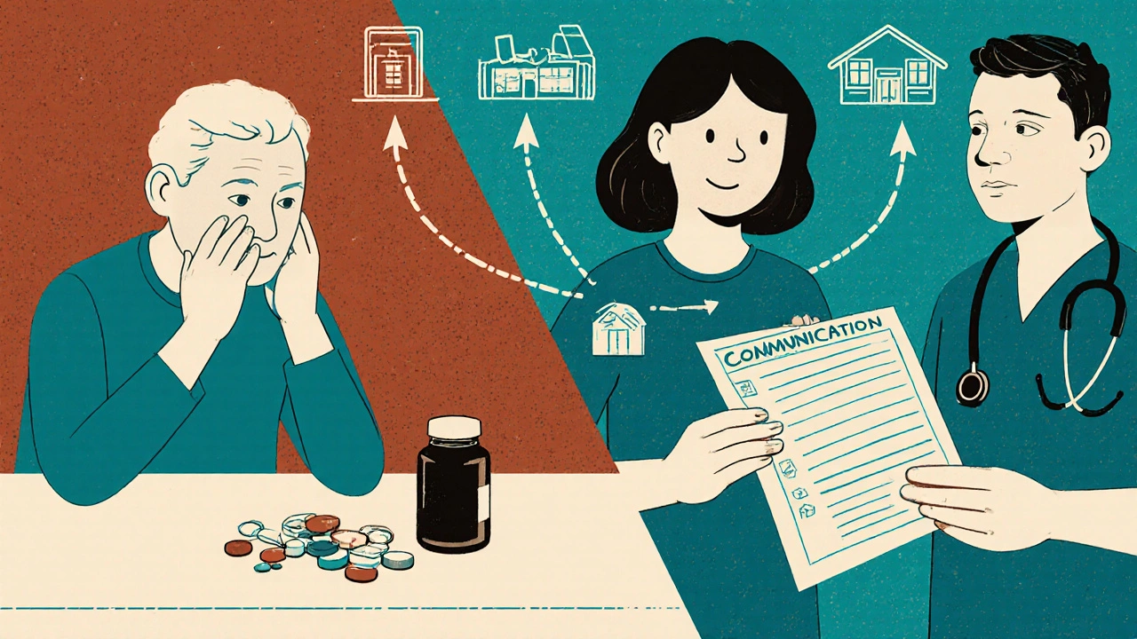 Split scene: senior confused with spilled pills vs. same person supported by nurse reviewing medication list.