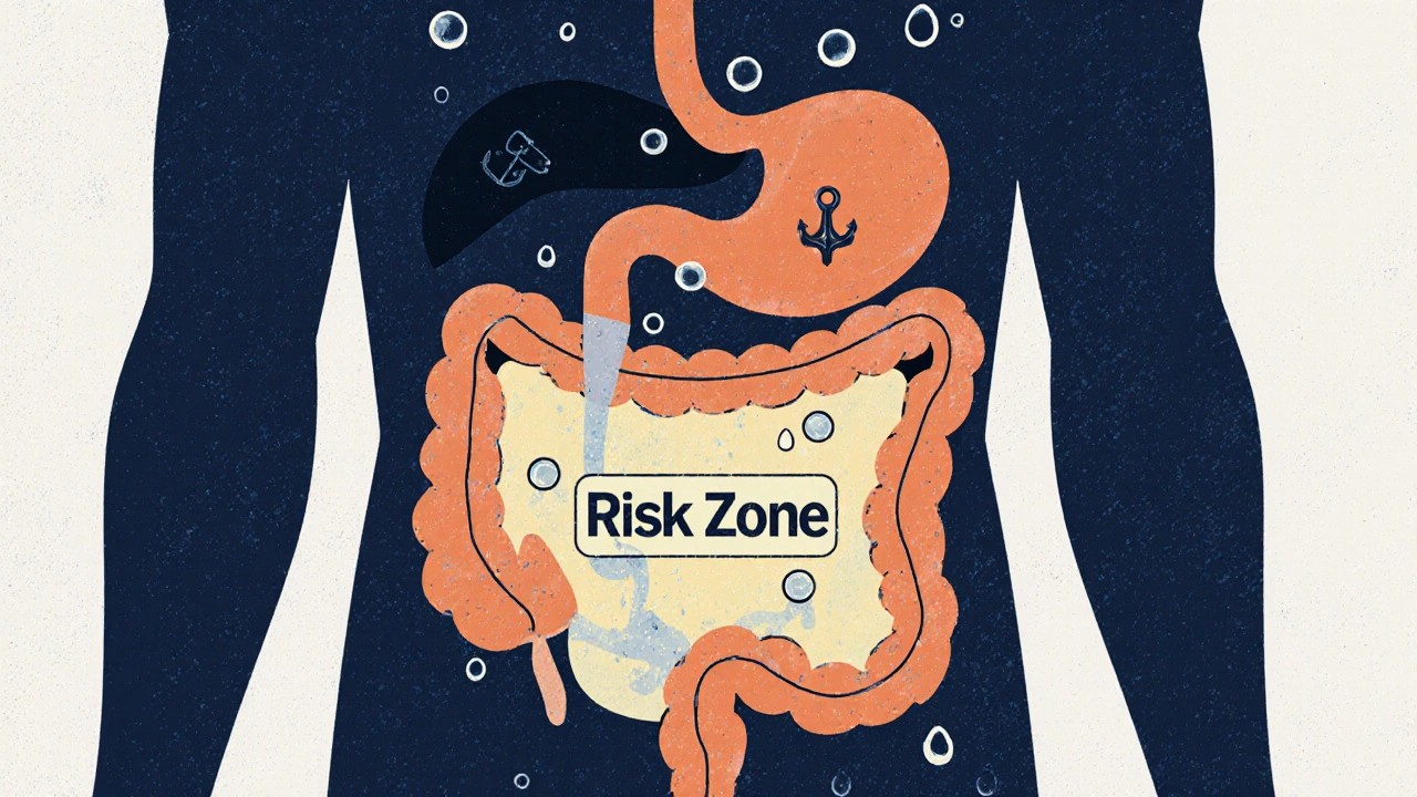 Stylized digestive tract showing colesevelam binding bile acids and water flow helping digestion.