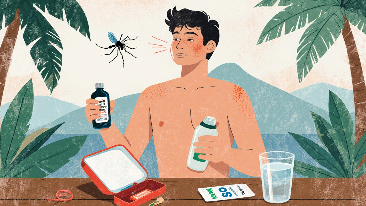 Traveler applying insect repellent and sunscreen in a tropical setting with first-aid kit nearby