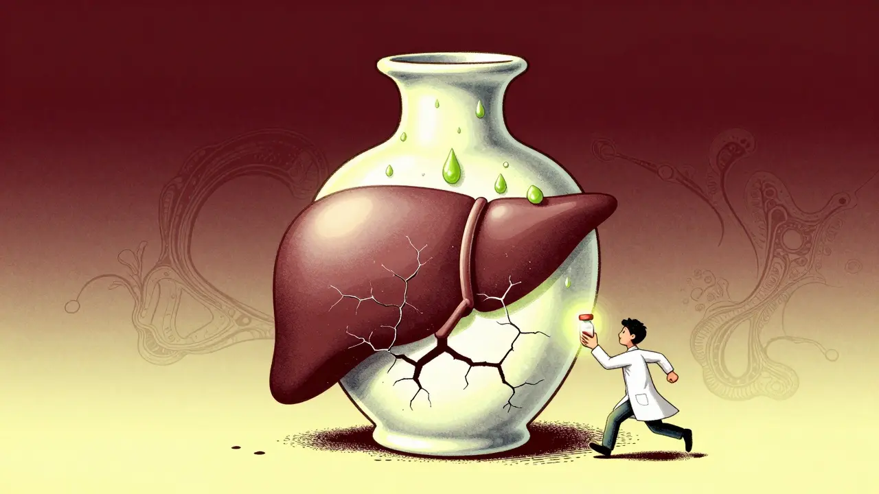 A cracked liver vase being saved by a glowing antidote vial.