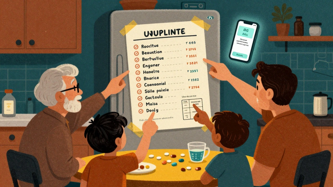 A family gathered around a fridge with a hand-drawn medication list, a smartphone displaying a drug interaction alert.
