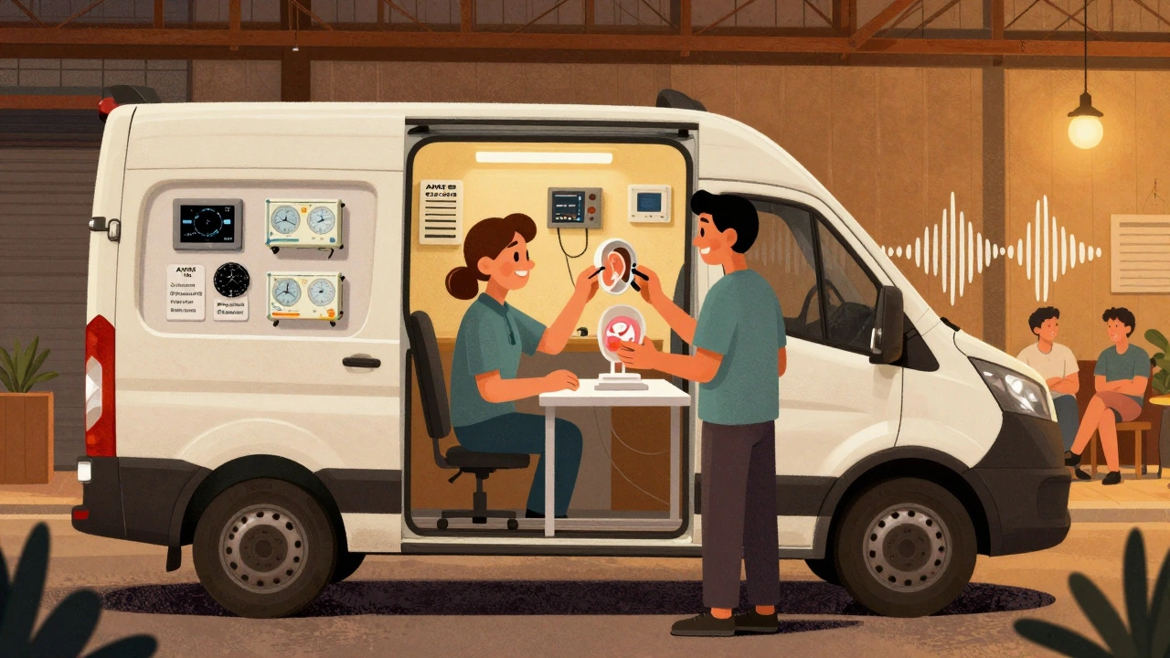 A mobile audiometric testing van inside, showing a worker learning proper earplug fit with a transparent ear model.