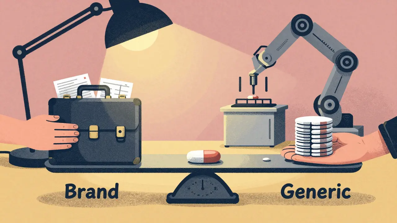 A pill balanced on a scale between brand drug overhead and generic efficiency with robot inspector