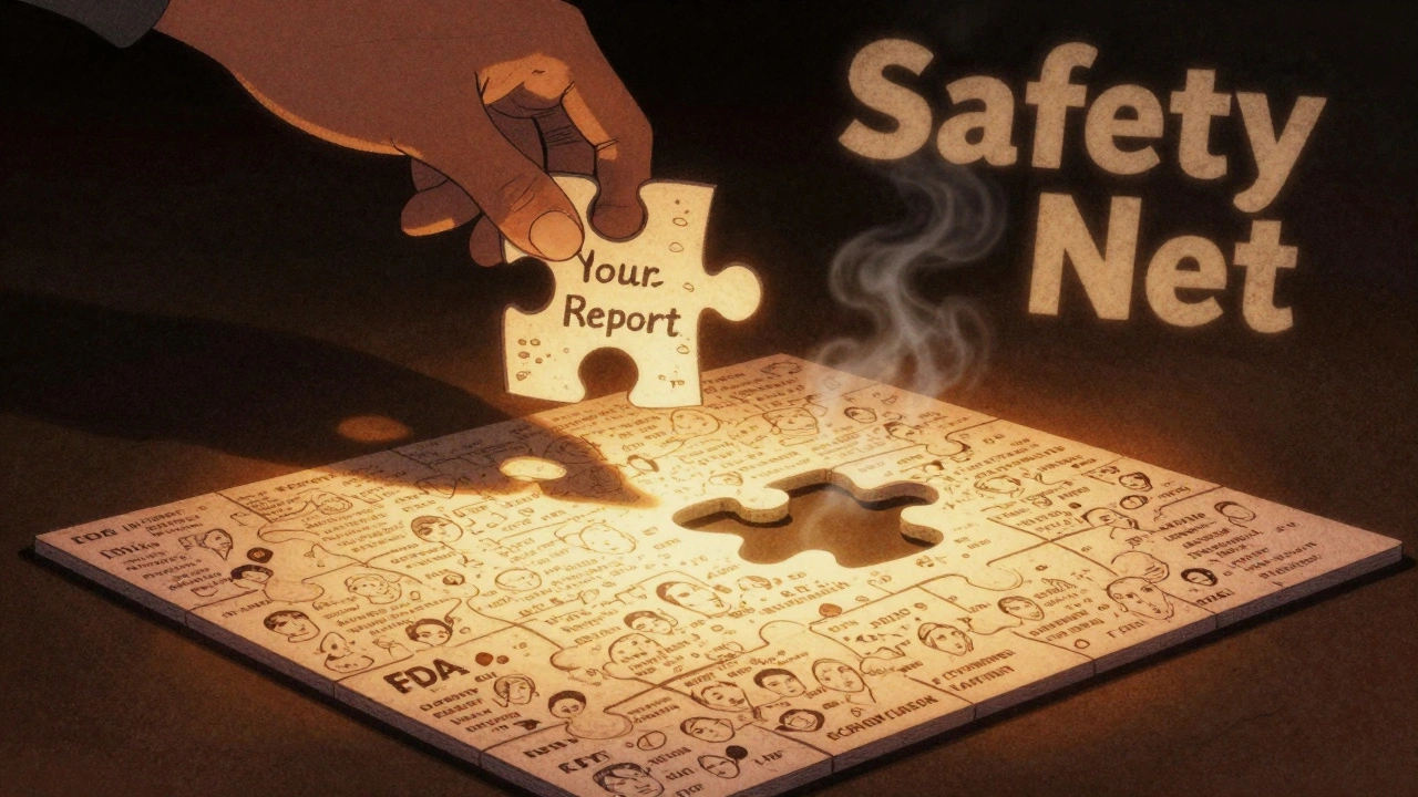 A puzzle piece labeled 'Your Report' completing a safety network of thousands of faces and drug names.