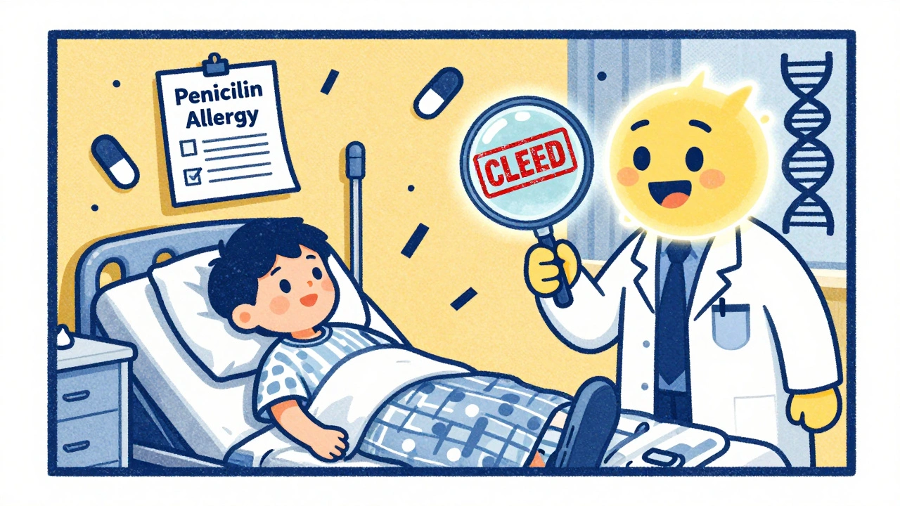 Child&#039;s allergy label being revealed as cleared by a doctor with a magnifying glass