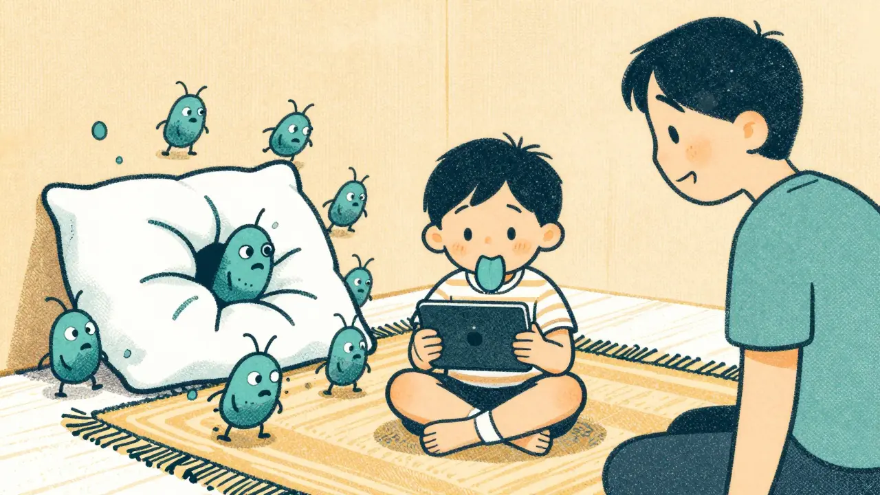 Child taking allergy tablet while dust mites retreat from a pillow, parent smiling nearby.