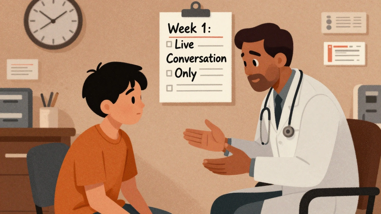 Clinician and teen in office during first medication follow-up, checklist visible.