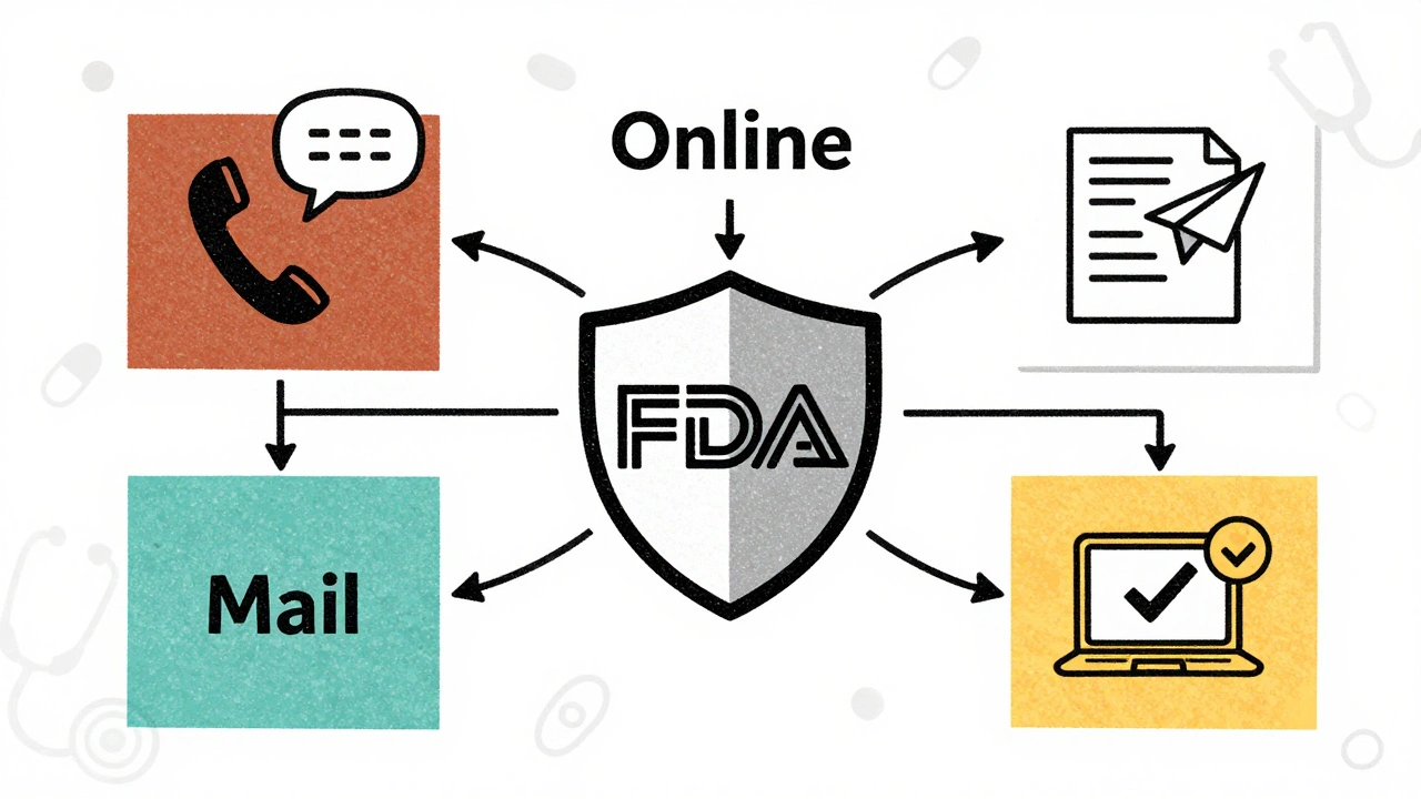 Colorful risograph-style flowchart showing three ways to report drug reactions to the FDA.