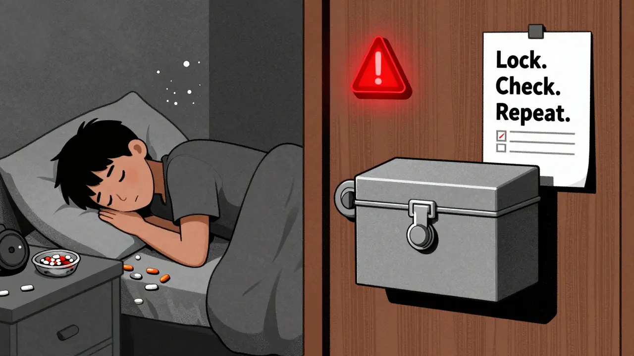 Contrasting scene: messy nightstand vs. secure lockbox behind a door with checklist.