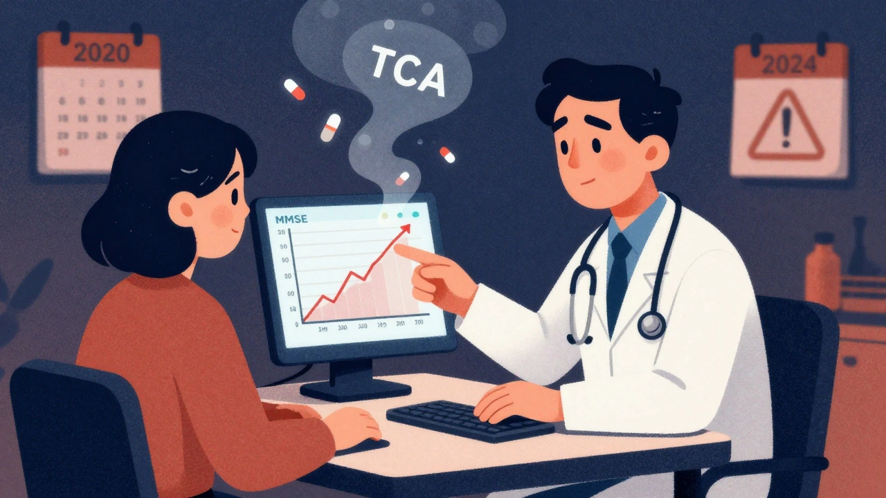 Doctor and patient reviewing a cognitive improvement graph as old pills dissolve into smoke.