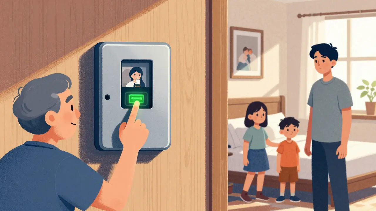 Elderly person using a fingerprint lockbox in a bedroom with family photo nearby.