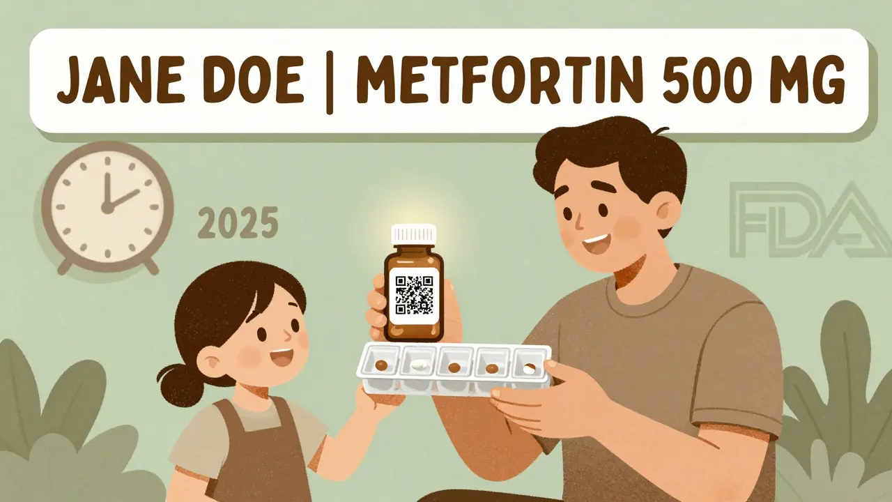 Family member organizing pills with large-print label and glowing QR code, 2025 safety update implied.