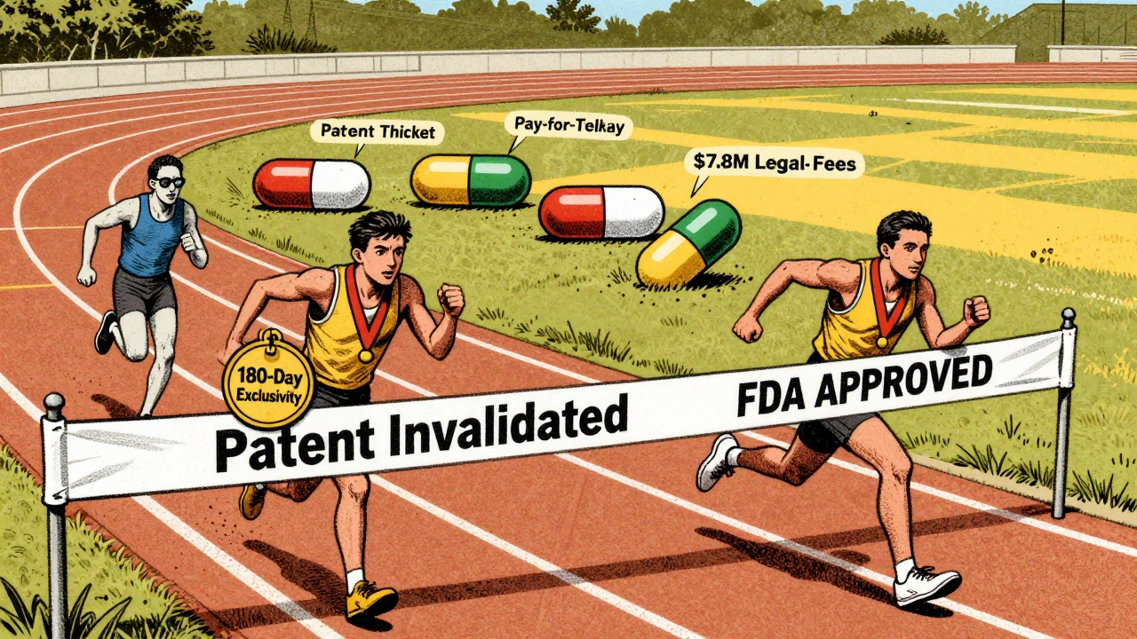 Generic drug capsules racing on a track, first one winning 180-day exclusivity medal.