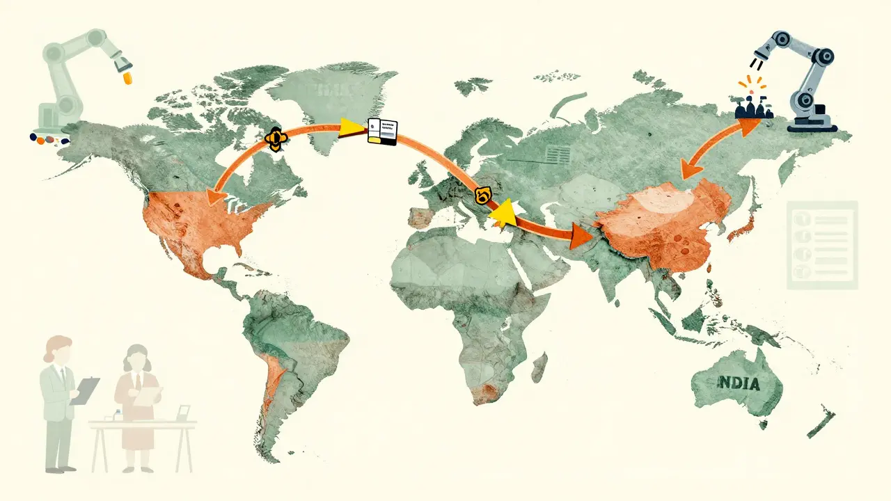 Global supply chain map with stylized arrows and worker icons leading pills from overseas to the U.S.