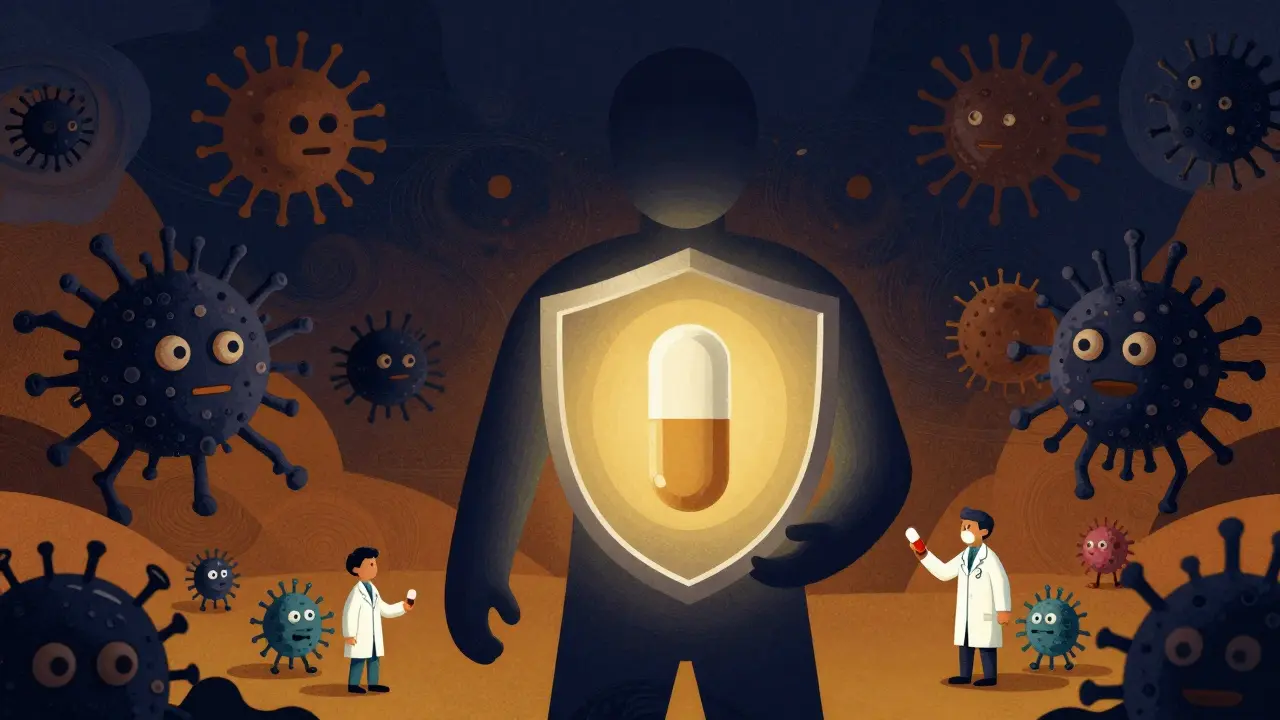 Human figure holding antibiotic pill as shield, pushing back superbugs while receiving probiotic capsule.