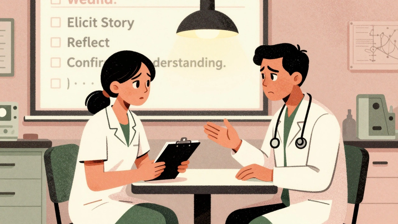 Medical student practicing communication skills with a patient actor during a simulation training session.