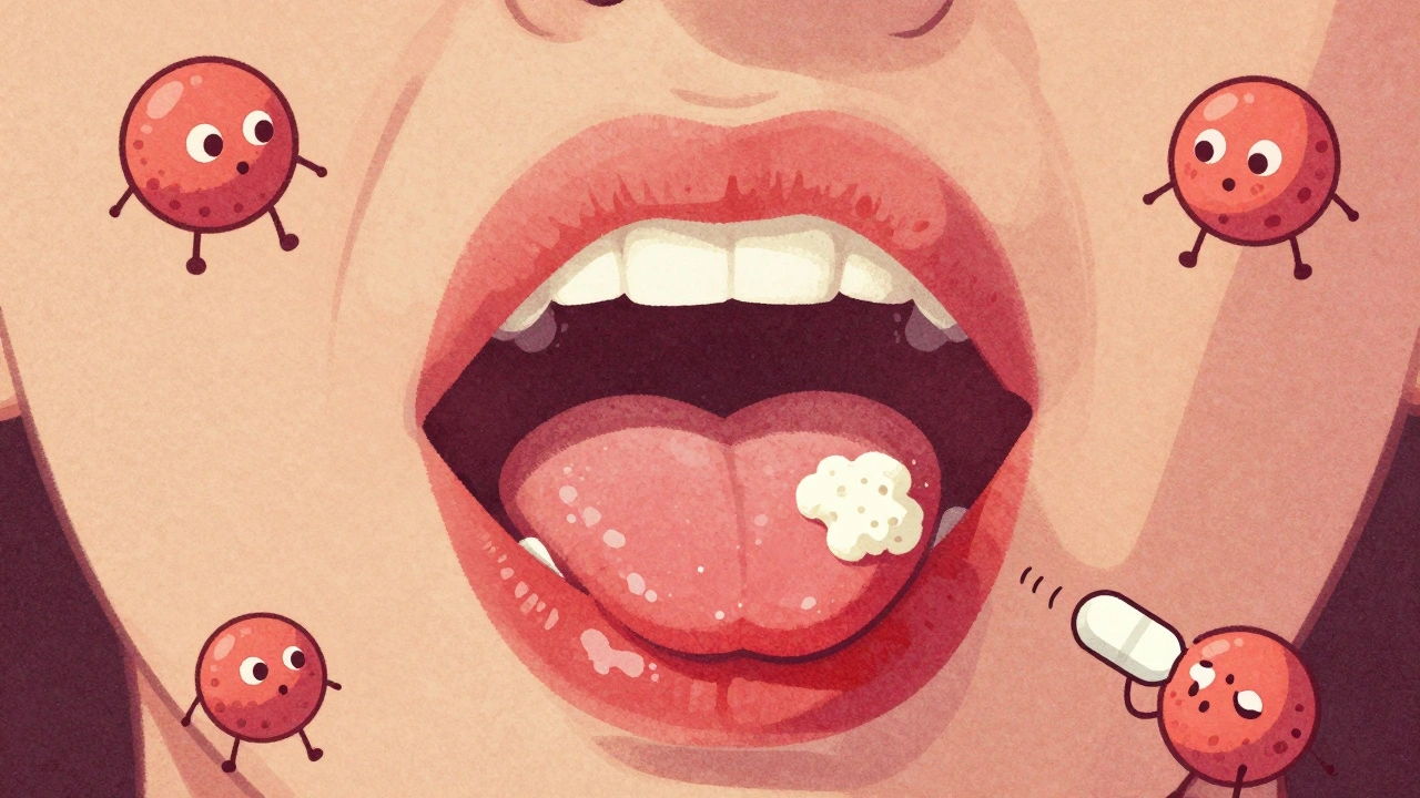Mouth with white Candida patches and yeast cells, in risograph cartoon style