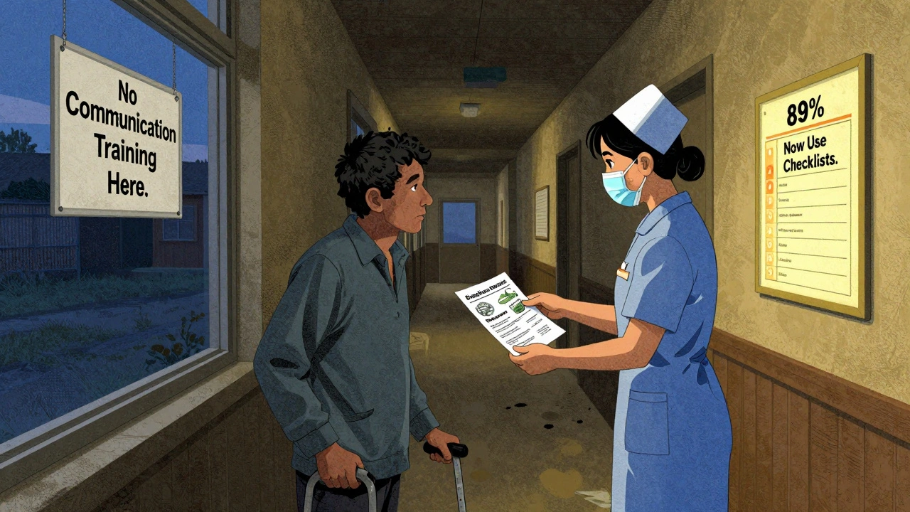 Nurse handing a clear discharge guide to an elderly patient in a rural clinic, with a checklist promoting better communication on the wall.